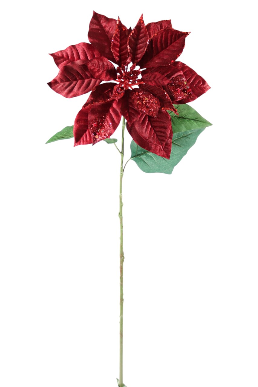 33" Poinsettia Burgundy– Artificial Holiday Glitter Décor Flower, Christmas Faux Plant for Home, Wreaths & Centerpieces, Set of 3